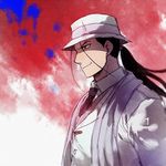  black_hair blue_background formal frown fullmetal_alchemist hat long_hair looking_away male_focus necktie ponytail red_background red_eyes riru scarf shaded_face simple_background smile solf_j_kimblee solo suit 