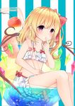  bangs bare_arms bare_legs between_legs bikini blonde_hair blush bow bubble cherry drinking_straw eyebrows_visible_through_hair finger_in_mouth flandre_scarlet food frilled_bikini frills fruit hair_bow hand_up highres ice_cream karasusou_nano looking_at_viewer pink_eyes red_bow side_ponytail sitting solo striped striped_background swimsuit touhou vertical-striped_background vertical_stripes water white_bikini 