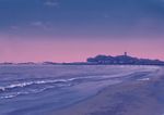  boat commentary enoshima forest gradient_sky highres hirota_(masasiv3) lighthouse nature no_humans ocean outdoors pier purple_sky scenery seascape shore sky twilight watercraft 