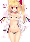  ? absurdres animal_ears ass_visible_through_thighs bangs black_bra black_panties blonde_hair blush bow bra breasts brown_eyes cat_ears cowboy_shot eyebrows_visible_through_hair flandre_scarlet groin hair_between_eyes hair_bow heart highres kemonomimi_mode long_hair long_sleeves looking_at_viewer micro_bra navel no_pants off_shoulder open_clothes open_mouth open_shirt panties red_bow shirt side-tie_panties side_ponytail small_breasts solo spoken_question_mark stomach sweat te_toga thigh_gap touhou underwear 