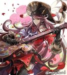  aoidos artist_name feathers flower gloves granblue_fantasy guitar hat instrument leaf long_hair male_focus moreshan orange_eyes petals red_hair rose solo sparkle upper_body 