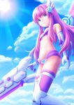  blue_eyes breasts cleavage cloud day elbow_gloves eyebrows eyebrows_visible_through_hair gloves hair_ornament highres long_hair looking_at_viewer navel nepgear neptune_(series) pink_hair purple_eyes purple_sister sky small_breasts smile solmyr2000 solo sword symbol-shaped_pupils very_long_hair weapon 