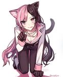  animal_ears bead_necklace beads breasts brown_eyes brown_hair cat_ears cat_tail cleavage commentary ecru heterochromia jewelry long_hair multicolored_hair necklace neo_(rwby) paw_pose pink_eyes pink_hair rwby small_breasts solo tail 