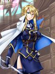  ahoge artoria_pendragon_(all) artoria_pendragon_(lancer) blonde_hair braid breasts cape fate/grand_order fate_(series) french_braid from_below gloves highres holding holding_sword holding_weapon large_breasts omega_na_hito scabbard sheath side_slit sidelocks skindentation smirk solo stained_glass sword thighhighs unsheathed weapon 
