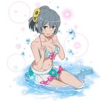  artist_request bangs bare_shoulders barefoot bikini bikini_skirt blush breasts cleavage collarbone dungeon_ni_deai_wo_motomeru_no_wa_machigatteiru_darou_ka eyebrows_visible_through_hair flower full_body grey_hair hair_flower hair_ornament hands_on_own_chest looking_at_viewer medium_breasts navel open_mouth partially_submerged polka_dot polka_dot_bikini short_hair sitting smile solo sparkle sunflower swimsuit syr_flover water 