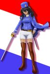  andou_(girls_und_panzer) bangs bc_freedom_(emblem) bc_freedom_military_uniform belt bike_shorts black_footwear black_hair blouse blue_blouse blue_coat blue_hat boots closed_mouth dark_skin emblem flag_background french_flag frown full_body girls_und_panzer girls_und_panzer_saishuushou green_eyes hair_between_eyes hat highres holding holding_weapon long_hair long_sleeves looking_at_viewer panties_under_bike_shorts scabbard shadow sheath shorts solo standing thigh_boots thighhighs uniform weapon white_shorts yoyokkun 