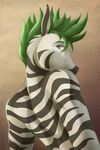  2010 anthro biped black_fur black_stripes blue_eyes digital_media_(artwork) equine eyebrows fur gradient_background green_hair hair half-length_portrait hyperfreak666 jayzed_(artist) looking_at_viewer looking_back male mammal multicolored_fur portrait rear_view short_hair simple_background solo standing striped_fur stripes two_tone_fur watermark white_fur zebra 