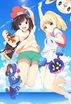  :d absurdres arms_up beach beanie black_hair blonde_hair blue_eyes blue_sky braid breasts cloud cosmog day floral_print gen_7_pokemon green_eyes green_shorts hat highres jumping lillie_(pokemon) litten looking_at_viewer mizuki_(pokemon) multiple_girls nakadadaichi navel ocean open_mouth outdoors poke_ball pokemon pokemon_(creature) pokemon_(game) pokemon_sm ponytail popplio rowlet school_uniform serafuku shirt short_sleeves shorts sky small_breasts smile sunlight tied_shirt water 