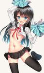  :d adapted_costume asashio_(kantai_collection) ass_visible_through_thighs bangs black_hair black_legwear black_skirt blue_eyes blush breasts cheerleader crop_top eyebrows_visible_through_hair grey_background highres kantai_collection leg_up long_hair long_sleeves miniskirt navel no_bra open_mouth pleated_skirt pom_poms puririn red_ribbon ribbon simple_background skirt small_breasts smile solo standing standing_on_one_leg stomach sweat swept_bangs thighhighs underboob zettai_ryouiki 