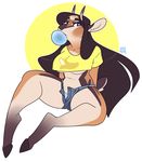  &lt;3 &lt;3_eyes 2017 antelope anthro banana barefoot belly big_breasts big_thighs biped blowing_bubbles blue_eyes breasts brown_body brown_hair brown_horn brown_stripes bubble bubble_gum cleavage clothed clothing crop_top cutoffs denim_shorts digital_drawing_(artwork) digital_media_(artwork) digitigrade dipstick_horn ears_back facial_markings female food food_in_mouth front_view fruit full-length_portrait fur hair hands_behind_back hooves horn inner_ear_fluff long_hair looking_away mammal markings midriff morgan_(sorimori) multicolored_body navel nepetacide orange_body outline panties pinup portrait pose raised_leg shirt short_tail shorts signature simple_background sitting small_waist socks_(marking) solo spread_legs spreading striped_body stripes suspended_in_midair tan_body tan_fur tan_horn two_tone_horn unbuttoned under_boob underwear voluptuous white_background yellow_background 