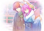  1boy 1girl alternate_hairstyle animal_ear_fluff animal_ears aqua_kimono blush brown_eyes brown_hair brown_kimono closed_mouth eyes_closed fang fate/extra fate/extra_ccc fate/grand_order fate_(series) floral_print flower fox_ears fox_tail fur_collar fur_trim hair_flower hair_ornament heart highres japanese_clothes kimono kishinami_hakuno_(male) long_sleeves looking_at_viewer new_year obi pink_hair sash scarf short_hair smile tail tamamo_(fate)_(all) tamamo_no_mae_(fate) wide_sleeves wisespeak yukata 