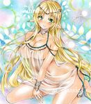  ankle_cuffs at_classics barefoot blonde_hair bracelet breasts elf green_eyes jewelry kneeling large_breasts long_hair marker_(medium) navel original pointy_ears see-through smile solo traditional_media very_long_hair 
