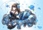  :d arm_garter black_gloves black_hair black_legwear blue_eyes blue_flower blue_rose breasts choker cleavage dress floral_print flower frilled_dress frills gloves hair_flower hair_ornament hairband idolmaster idolmaster_cinderella_girls idolmaster_cinderella_girls_starlight_stage large_breasts light_blush long_hair looking_at_viewer open_mouth print_gloves ribbon rose sagisawa_fumika smile solo sparkle strapless strapless_dress thighhighs zinczinc_ka 