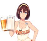  bare_arms bare_shoulders beer_mug blue_eyes brand_name_imitation breasts brown_hair butcha-u cleavage closed_mouth collarbone cup drinking_glass eyelashes game_cg hair_between_eyes hairband hand_on_hip hand_up holding holding_cup hooters kenzen!_hentai_seikatsu_no_susume large_breasts lips looking_at_viewer maezono_chinami name_tag orange_shorts pink_lips short_hair short_shorts shorts sleeveless smile solo standing tank_top teeth transparent_background upper_body white_legwear yellow_hairband 