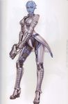  absurdres alien asari blue_eyes blue_lipstick blue_skin bodysuit boots breasts character_name contrapposto full_body gloves gun handgun high_heels highres holding holding_gun holding_weapon legs_apart liara_t'soni lipstick looking_at_viewer m-5_phalanx makeup mass_effect medium_breasts non-web_source parted_lips scan scan_artifacts simple_background solo standing trigger_discipline turtleneck v_arms weapon white_background yamashita_shun'ya 