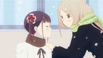  2girls animated animated_gif blonde_hair blush couple eyes_closed hair_ornament hand_on_another&#039;s_shoulder jacket kiss minami_shizuku multiple_girls noda_kotone official pigtail purple_hair sakura_trick scarf snow window winter_clothes yuri 