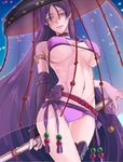  bare_shoulders berryricecake bikini breasts choker commentary_request cowboy_shot elbow_gloves eyepatch_bikini fate/grand_order fate_(series) fingerless_gloves gloves hat holding holding_sword holding_weapon katana large_breasts long_hair looking_at_viewer minamoto_no_raikou_(fate/grand_order) minamoto_no_raikou_(swimsuit_lancer)_(fate) navel parted_lips purple_bikini purple_eyes purple_hair sheath sheathed single_elbow_glove single_fingerless_glove single_glove smile solo stomach swimsuit sword thigh_gap very_long_hair weapon 
