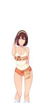  arms_behind_back bare_arms bare_shoulders blue_eyes brand_name_imitation breasts brown_hair butcha-u cleavage collarbone eyelashes feet_out_of_frame game_cg hair_between_eyes hair_tousle hairband hand_in_hair hand_to_head hand_up hooters kenzen!_hentai_seikatsu_no_susume kneehighs large_breasts legs_apart looking_at_viewer maezono_chinami name_tag no_legwear orange_shorts pouch pubic_hair pussy_cutout ribbed_legwear short_hair short_shorts shorts sleeveless smile solo standing tank_top transparent_background white_legwear yellow_hairband 