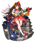  2drr :&lt; absurdres blush bow braid breasts brown_eyes brown_hair closed_mouth eyebrows_visible_through_hair hair_bow high_heels highres holding holding_instrument instrument instrument_request kneehighs large_breasts long_hair long_sleeves md5_mismatch original red_bow solo twin_braids white_legwear 