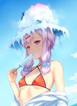  bare_shoulders bikini bird blue_scrunchie blue_sky breasts cloud commentary_request criss-cross_halter day eating food hair_ornament hair_ribbon hair_scrunchie hairclip halterneck hat highres ice kogara_(frenzied_kotori) open_clothes open_mouth open_shirt outdoors penguin popsicle purple_eyes purple_hair red_bikini ribbon scrunchie shaved_ice shirt short_hair_with_long_locks sidelocks sky small_breasts snow_on_head solo sweat swimsuit tress_ribbon vocaloid voiceroid yuzuki_yukari 