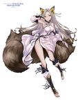  animal_ears armpits barefoot beatless breasts cancell detached_sleeves fox_ears fox_tail grey_hair highres large_breasts long_hair multiple_tails orange_eyes red_eyes simple_background smile solo tail white_background 