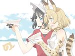  animal_ears arm_around_back black_hair blonde_hair blue_eyes blush commentary_request elbow_gloves gloves hand_on_another's_back hat japari_symbol kaban_(kemono_friends) kemono_friends multiple_girls neck_ribbon open_mouth paper_airplane ribbon sakuraba_yuuki serval_(kemono_friends) serval_ears serval_print serval_tail shirt short_hair sleeveless smile t-shirt tail yellow_eyes 
