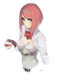  ark_royal_(kantai_collection) bad_id bad_pixiv_id bangs blue_eyes bob_cut breasts brown_gloves cropped_torso cup enosan eyebrows_visible_through_hair fingerless_gloves gloves highres holding holding_cup kantai_collection long_sleeves looking_at_viewer red_hair short_hair_with_long_locks sidelocks small_breasts smile solo teacup upper_body white_background 