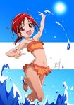  bikini flat_chest highres hino_akane_(smile_precure!) looking_at_viewer low_ponytail nii_manabu open_mouth orange_bikini ponytail precure red_eyes red_hair smile smile_precure! solo sun swimsuit wading water 