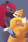  2017 anthro areola breasts butt butt_grab duo female floatzel hand_on_butt hi_res looking_at_viewer nintendo pinkcappachino pok&eacute;mon simple_background smile video_games zoroark 