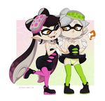  +_+ 2girls ? aori_(splatoon) artist_name bare_shoulders black_dress black_hair black_shoes border breasts cleavage detached_collar domino_mask dress dress_lift earrings eyebrows_visible_through_hair fangs food food_on_head full_body gloves gradient gradient_background gradient_hair green_legwear green_panties grey_hair half-closed_eyes hands_up hotaru_(splatoon) knees_together_feet_apart leg_lift legs_apart long_hair looking_down looking_to_the_side merunyaa mole mole_under_eye multicolored_hair multiple_girls object_on_head one_eye_closed open_mouth orange_background panties pantyhose pink_background pointy_ears purple_hair purple_legwear shoes short_dress short_hair short_jumpsuit simple_background small_breasts smile splatoon standing standing_on_one_leg sushi teeth tentacle tentacle_hair text thighhighs tumblr twintails underwear web_address white_border white_gloves wink 