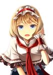  alice_margatroid blonde_hair blue_eyes bow capelet clere hair_bow hand_in_hair leaning_forward looking_at_viewer necktie open_mouth short_hair smile solo touhou white_background white_capelet wrist_cuffs 