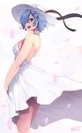  artist_logo asymmetrical_bangs bangs bare_back bare_shoulders blue_eyes blue_hair breasts dress from_side hair_ornament hair_over_one_eye halterneck hat hat_ribbon jjune large_breasts looking_at_viewer looking_to_the_side open_mouth petals re:zero_kara_hajimeru_isekai_seikatsu rem_(re:zero) ribbon short_hair shoulder_blades sideboob sleeveless sleeveless_dress smile solo standing sun_hat sundress white white_dress white_hat wind x_hair_ornament 