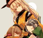  atoki blonde_hair brown_eyes brown_hair closed_eyes commentary_request grey_hair hand_on_another's_head hat lap_pillow long_hair looking_at_another matara_okina multiple_girls nishida_satono on_lap orange_eyes sleeping smile tabard tan_background teireida_mai touhou 