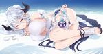  arm_ribbon ass bare_shoulders breasts brown_eyes cait cleavage closed_mouth draph flower full_body granblue_fantasy hair_between_eyes hair_flower hair_ornament highres horns huge_breasts izmir legs_up light_blue_hair long_hair looking_at_viewer lying mole mole_under_mouth on_side one-piece_swimsuit pointy_ears ponytail ribbon sandals smile solo swimsuit thigh_strap underboob 