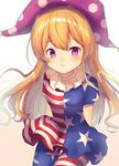  american_flag_dress american_flag_legwear arms_behind_back asymmetrical_clothes asymmetrical_legwear bad_id bad_pixiv_id bangs blonde_hair blush closed_mouth clownpiece commentary_request cowboy_shot eyebrows_visible_through_hair gradient gradient_background hat highres long_hair looking_at_viewer neck_ruff nenobi_(nenorium) pantyhose polka_dot_hat purple_eyes purple_hat short_sleeves solo striped striped_legwear touhou very_long_hair 