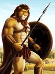  2017 abs anthro armor biceps cape clothed clothing dream_and_nightmare feline gauntlets gloves greek lion male mammal melee_weapon muscular muscular_male navel pecs polearm shield skimpy solo spartan spear warrior weapon 