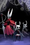  ambiguous_gender arachnid arthropod cloak clothing english_text female group half-closed_eyes hollow_knight hollow_knight_(species) hornet_(hollow_knight) melee_weapon onomatopoeia p5ych protagonist_(hollow_knight) ribbons skirt sound_effects spider text weapon zote_(hollow_knight) 