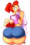  2017 absurd_res anthro avian beak big_butt bird butt chicken clothed clothing danger_mouse_(series) eyewear feathers female glasses hair hi_res jaeh looking_back ponytail professor_squawkencluck rear_view red_hair simple_background solo thick_thighs white_background 
