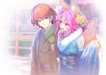  1boy 1girl alternate_hairstyle animal_ear_fluff animal_ears aqua_kimono blush brown_eyes brown_hair brown_kimono fang fate/extra fate/extra_ccc fate/grand_order fate_(series) floral_print flower fox_ears fox_tail fur_collar fur_trim hair_flower hair_ornament heart highres japanese_clothes kimono kishinami_hakuno_(male) long_sleeves looking_at_another new_year obi open_mouth pink_hair sash scarf short_hair smile tail tamamo_(fate)_(all) tamamo_no_mae_(fate) wide_sleeves wisespeak yellow_eyes yukata 