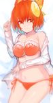  absurdres animal_ears bare_shoulders blush bra breasts cat_ears cleavage closed_mouth collarbone eyebrows_visible_through_hair highres large_breasts looking_at_viewer navel orange_bra orange_eyes orange_hair orange_panties original panties short_hair smile solo tarbo_(exxxpiation) underwear 
