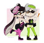  ! +_+ 2girls aori_(splatoon) artist_name bare_shoulders black_dress black_hair black_shoes border breasts cleavage detached_collar domino_mask dress dress_lift earrings eyebrows_visible_through_hair fangs food food_on_head full_body gloves gradient gradient_background gradient_hair green_legwear green_panties grey_hair half-closed_eyes hands_up hotaru_(splatoon) knees_together_feet_apart leg_lift legs_apart long_hair looking_down looking_to_the_side merunyaa mole mole_under_eye multicolored_hair multiple_girls object_on_head one_eye_closed open_mouth orange_background panties pantyhose peeing peeing_self pink_background pointy_ears puddle purple_hair purple_legwear shoes short_dress short_hair short_jumpsuit simple_background small_breasts smile splatoon standing standing_on_one_leg sushi teeth tentacle tentacle_hair text thighhighs tumblr twintails underwear web_address wet_clothes wet_panties white_border white_gloves wink 