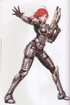  absurdres ahoge armor bangs battle_rifle bodysuit breasts character_name commander_shepard commander_shepard_(female) from_side full_body gloves green_eyes gun highres holding holding_gun holding_weapon legs_apart lips long_hair looking_at_viewer m-55_argus mass_effect mass_effect_3 medium_breasts n7_armor non-web_source outstretched_arm parted_bangs red_hair rifle scan serious short_hair simple_background solo standing swept_bangs trigger_discipline turtleneck weapon white_background yamashita_shun'ya 