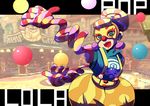  arms_(game) character_name clown clown_nose commentary_request green_eyes highres jewelry kiwa_(pokemonwars) lola_pop looking_at_viewer mask multicolored_hair orange_hair puffy_sleeves red_hair restaurant road smile solo star street white_hair 