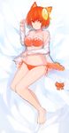 absurdres animal_ears bare_shoulders barefoot blush bra breasts cat_ears cleavage collarbone eyebrows_visible_through_hair full_body highres large_breasts looking_at_viewer lying navel on_back orange_bra orange_eyes orange_hair orange_panties original panties parted_lips short_hair solo tarbo_(exxxpiation) underwear 
