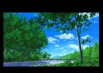  border cloud cloudy_sky commentary day forest grass highres hirota_(masasiv3) nature no_humans outdoors railing road scenery sky tree windowboxed 