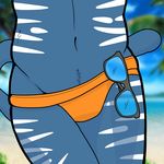  2015 2017 anthro athletic beach biped blue_fur blue_sky blurred_background cel_shading close-up clothed clothing collaboration crossed_legs day digital_drawing_(artwork) digital_media_(artwork) eyewear feline fur hi_res hooked_eyewear humanoid jockstrap male mammal missing_sample outside ruze_(panther) seaside skimpy sky solo standing stripes sunglasses topless underwear white_fur wolfcat95 