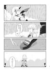  arm_warmers comic cuffs cup greyscale highres horn hoshiguma_yuugi mizuhashi_parsee monochrome multiple_girls oni ooide_chousuke pointy_ears sakazuki scarf shackles shirt skirt t-shirt touhou translated 