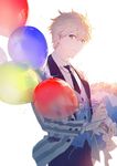  ahoge arthur_pendragon_(fate) balloon bangs black_neckwear black_pants blonde_hair collared_shirt fate/prototype fate_(series) formal green_eyes highres holding jacket looking_at_viewer male_focus necktie open_clothes open_jacket pants parted_lips rella shirt simple_background smile solo standing striped_jacket suit vest white_background white_shirt wing_collar 