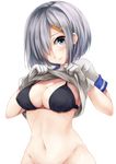  black_bra blush bra breasts closed_mouth covered_nipples eyebrows_visible_through_hair gloves grey_hair groin hair_ornament hair_over_one_eye hairclip hamakaze_(kantai_collection) head_tilt highres kantai_collection large_breasts looking_at_viewer minami_machi navel no_panties out-of-frame_censoring shirt shirt_lift short_sleeves simple_background smile solo underwear white_background white_gloves white_shirt 