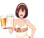  bare_arms bare_shoulders beer_mug brand_name_imitation breasts brown_hair butcha-u cleavage closed_eyes collarbone cup drinking_glass eyelashes facing_viewer game_cg hair_between_eyes hairband hand_on_hip hand_up holding holding_cup hooters kenzen!_hentai_seikatsu_no_susume large_breasts maezono_chinami name_tag open_mouth orange_shorts short_hair short_shorts shorts sleeveless smile solo standing tank_top teeth transparent_background upper_body white_legwear yellow_hairband 